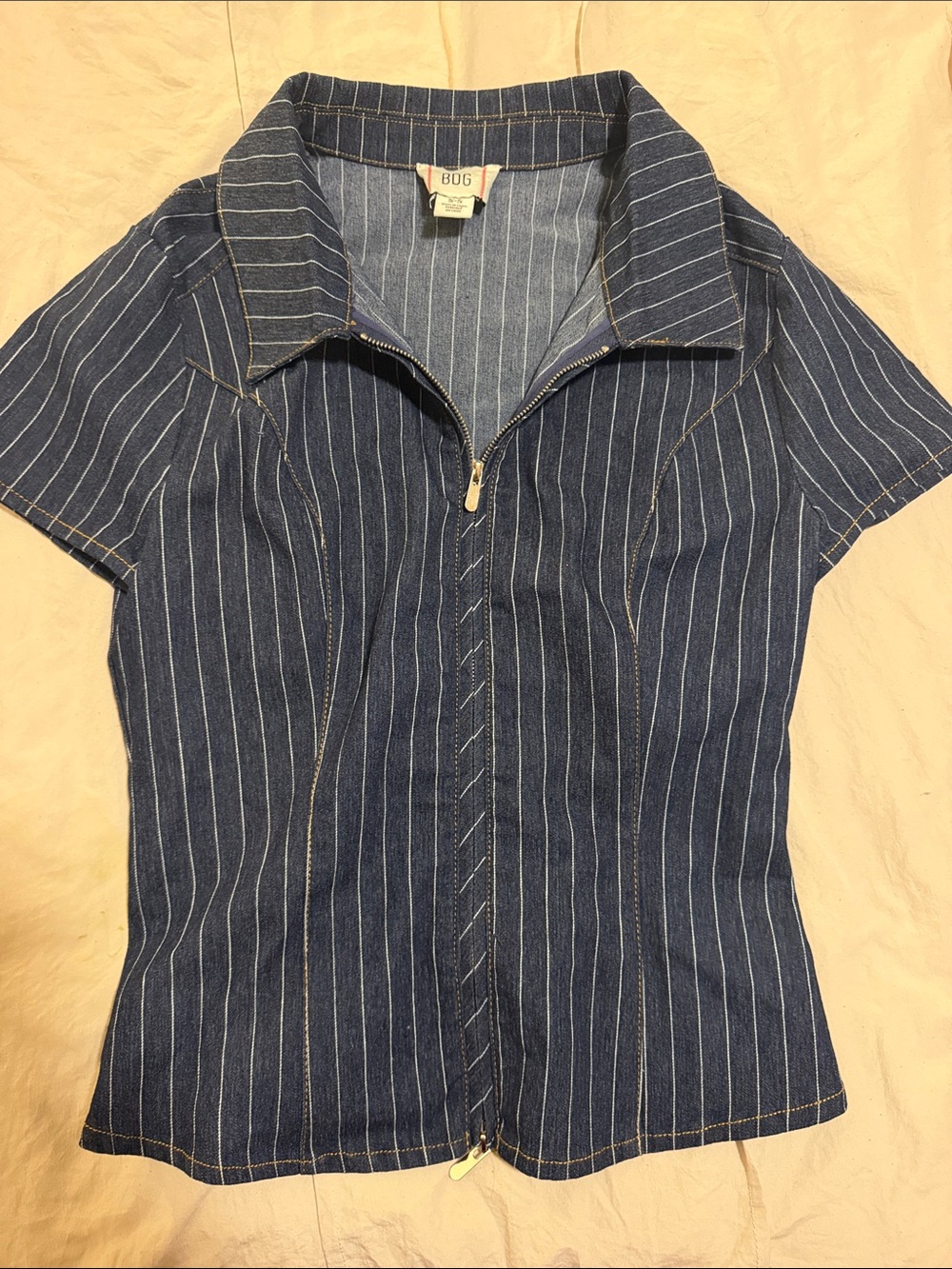 Urban Outfitters Navy Pinstripe Zip-Front Shirt - Short Sleeve